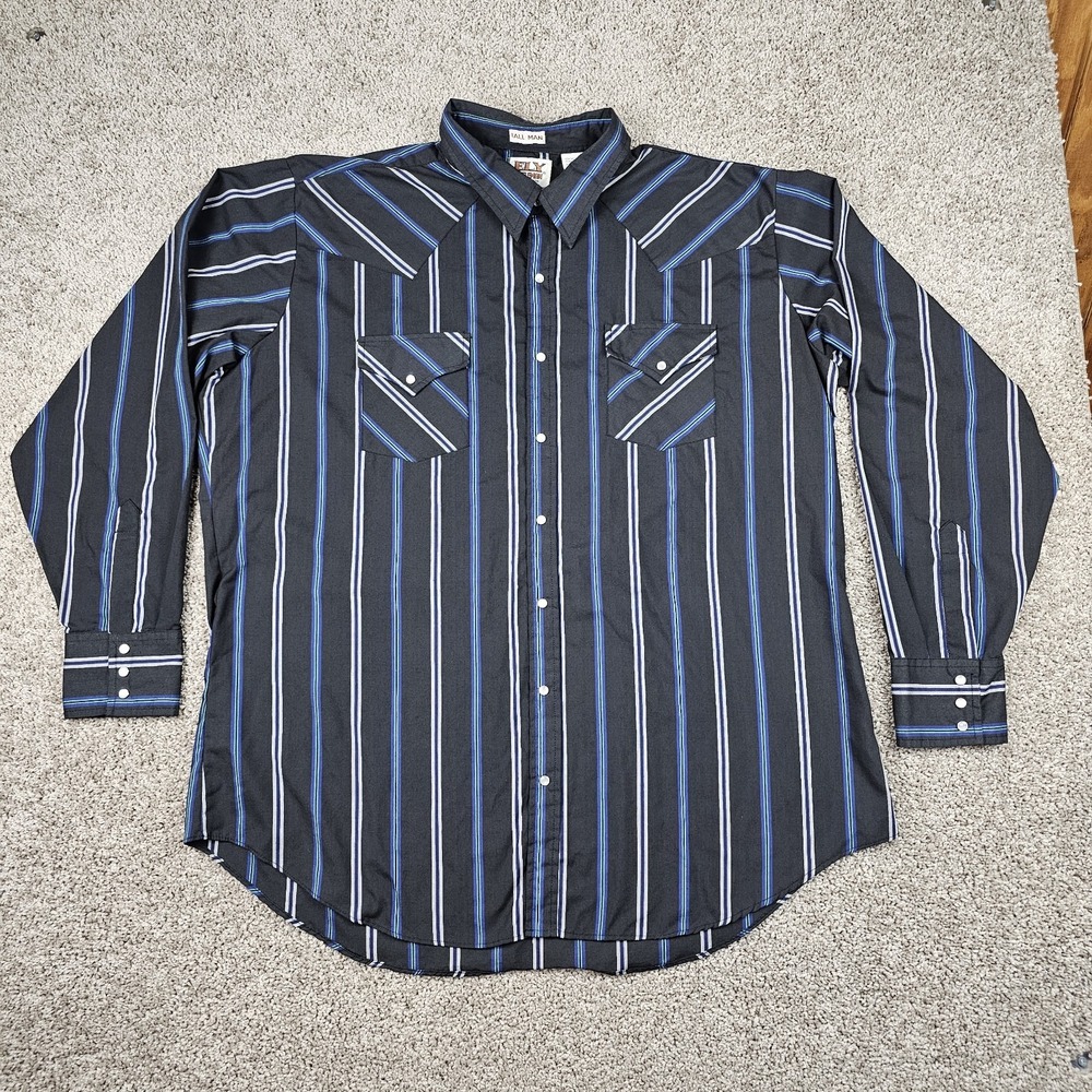 Ely Cattleman Shirt Mens 2XLT Black Blue Striped L/S Western Pearl Snap Tall